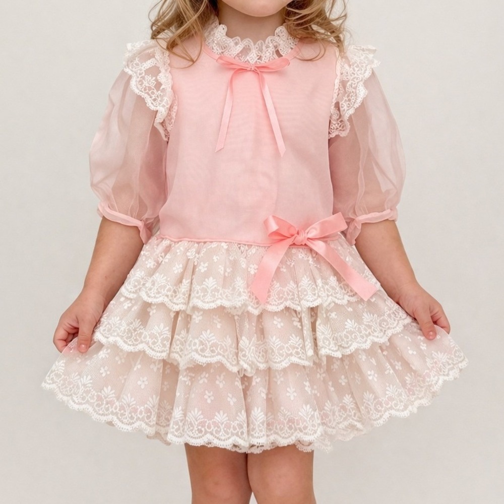 Vintage Pink Organza Lace Dress Tiered Puff Sleeve Bow Sheer Cottage Charm 2T 3T